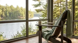 Stylized illustration of a cooling bamboo blend throw on a Muskoka chair overlooking a Canadian lake.