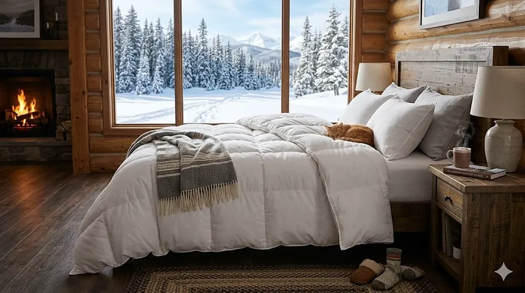A cozy bedroom featuring a thick white down blanket on a bed, with a view of a snowy Canadian forest through the window. down blankets for Canadian winter