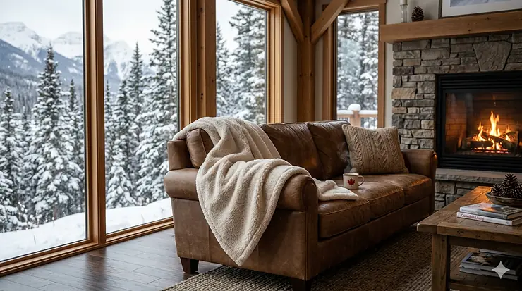 A photorealistic cream-colored sherpa fleece blanket draped on a leather sofa next to a burning fireplace in a cozy cabin overlooking a snowy Canadian mountain range. sherpa fleece blankets