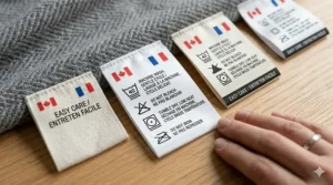 A detailed, photorealistic 4K graphic showing laundry care tags on a grey low maintenance blanket with bilingual text: 'EASY CARE / ENTRETEN FACILE' on a light wood surface.