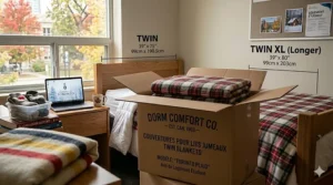 A graphic showing twin blankets for college dorms with bilingual English and French labels reading "Couvertures pour lits jumeaux."