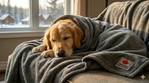 Alt text for image 4: Graphic showing the soft texture and bilingual English and French quality features of microfiber blankets for pets.