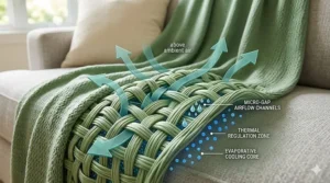 Illustration showing the breathable micro-gap structure of cooling bamboo blend throws for summer comfort.