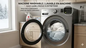 Illustration showing airflow through microfiber fill, highlighting year-round comfort from BC to Newfoundland.