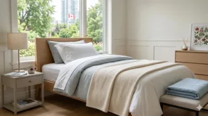 Close-up illustration of breathable cotton twin size blankets, suitable for humid Canadian summers.