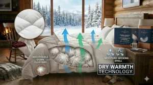 Illustration showing the breathable layers of a down blanket keeping a sleeper dry during a cold Quebec winter night.