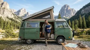 A woman holding a folded navy blue sherpa fleece blanket while standing by a vintage green camper van in the Canadian wilderness.