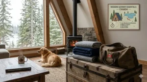 A photorealistic 4K graphic of a rugged Canadian A-frame cabin living room, with folded, durable grey low maintenance blankets packed in canvas duffel bags with travel icons.
