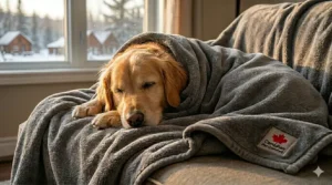 Alt text for image 6: A Black Lab resting on a quick-dry microfiber blanket for pets on a wooden dock at a Canadian cottage.