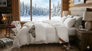Illustration of a rustic log cabin interior in Ontario with a plush down blanket draped over a wooden chair.