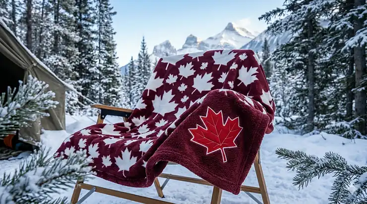 Winter essentials illustration featuring oversized fleece throw blankets, or couvertures, perfect for cold Canadian nights.