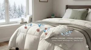 Graphic featuring "Hypoallergenic Down Alternative" and "Couette alternative au duvet hypoallergΓ©nique" labels for the Quebec market.