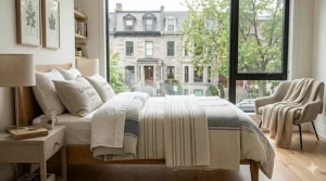 Soft, high-quality twin size blankets (couvertures de format simple) styled in a modern Montreal apartment.