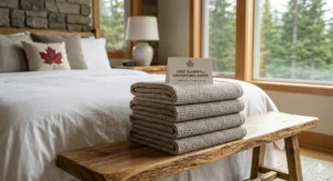 A cozy reading nook featuring cotton poly blankets for durability—couvertures durables en coton-poly pour le confort canadien.