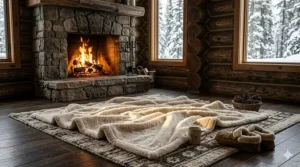 A plush sherpa fleece blanket spread out on a rug in front of a crackling stone fireplace inside a luxury log cabin.