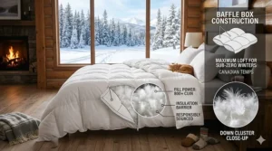 Diagram showing high fill power down clusters providing maximum warmth for sub-zero Canadian temperatures.