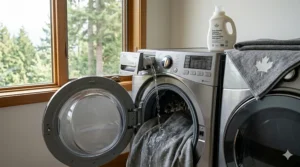A photorealistic 4K photograph capturing a domestic utility scene: the interior of a modern, efficient Canadian laundry room, filled with bright natural light filtering in from a large window overlooking a distant, evergreen forest under a daylight sky. In the foreground, a large, front-loading high-efficiency washing machine with a glass door is open. The durable, grey woven waterproof blanket for bed is visible, partially inside the drum, with water pouring from the dispenser onto its hydrophobic grey surface.