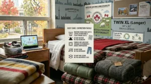 Illustrated laundry care icons for machine-washable twin blankets for college dorms, showing easy maintenance for busy students.