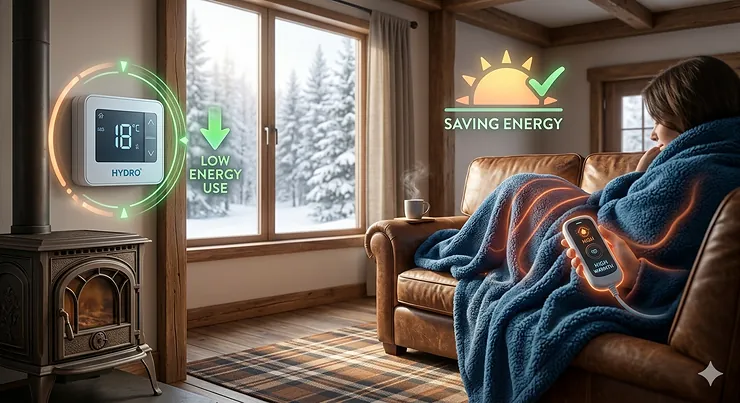 A cozy family wrapped in premium electric heated fleece blankets in a snowy Canadian living room, staying warm during a cold winter night.