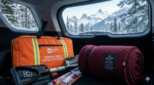 A thick fleece blanket stored in a vehicle’s winter emergency kit with a snow shovel, ideal for roadside safety and unplanned cold-weather camping.
