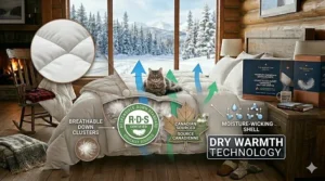 A green-themed icon set representing ethically sourced down and RDS certification for Canadian eco-conscious shoppers.