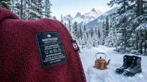 High-quality fleece blankets for winter camping (couvertures polaires pour le camping d'hiver) with bilingual care instructions for the Canadian market.