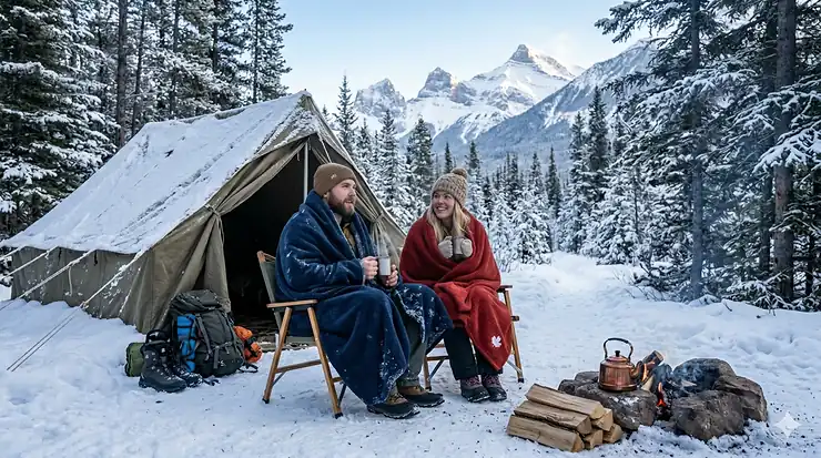 A man and woman wrapped in warm fleece blankets for winter camping by a fire with the Canadian Rockies in the background.
