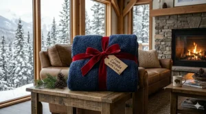 A navy blue sherpa fleece blanket tied with a red velvet ribbon and a gift tag reading "From Canada with Love" on a rustic wooden table.