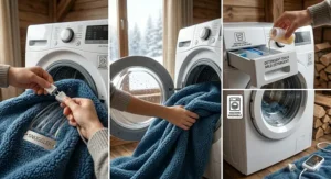 A rustic Canadian cabin setting featuring warm electric heated fleece blankets (couvertures chauffantes en polaire) for cottage life.