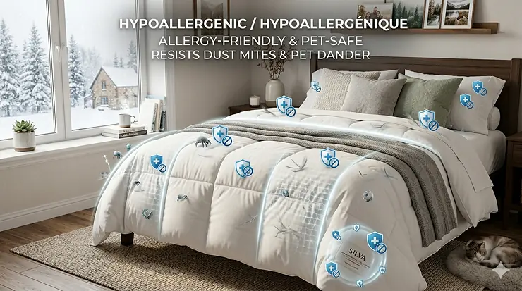 A high-quality white hypoallergenic down alternative blanket on a bed in a cozy Canadian bedroom with natural light and a winter view of snow-covered trees outside.