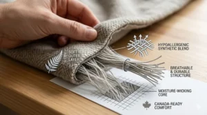 A high-resolution photorealistic graphic showing a layered diagram of a low maintenance blanket featuring hypoallergenic, breathable fibers and moisture-wicking synthetic blends on a wood surface.