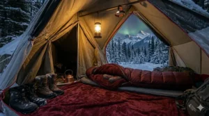 Using a heavy-duty fleece blanket as an insulating floor layer inside a winter tent to block ground cold during Canadian backcountry trips.