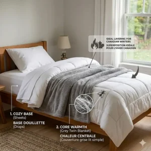 Illustration of a twin size blanket package showing English and French "Couverture pour lit simple" labels.