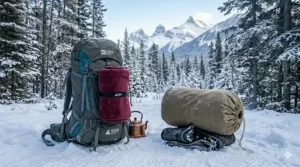 A compact, rolled-up burgundy fleece blanket for winter camping shown next to a 65L hiking backpack to demonstrate its portable, space-saving design.