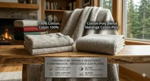 Sustainable choice illustration showing how choosing cotton poly blankets for durability reduces the need for frequent replacements.