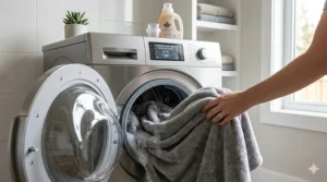 A high-resolution photo of a modern front-loading washing machine actively washing a plush grey low maintenance blanket, with natural light and a Canadian detergent bottle nearby.