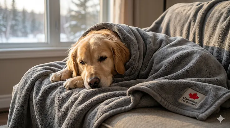 Alt text for image 1: A fluffy golden retriever curled up on a grey microfiber blanket for pets in a cozy, sunlit Canadian home.
