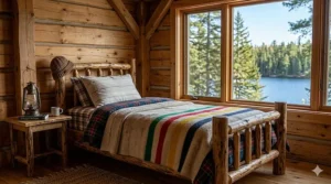 Rustic twin size blankets in a Muskoka-style lakeside cottage setting, highlighting comfort and durability.