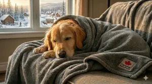 Alt text for image 9: A stylish microfiber blanket for pets used as a protective throw on a modern Canadian bedroom set.