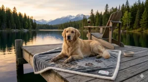 A muddy-pawed dog resting on a grey stain-resistant microfiber blanket, highlighting easy-clean features for pet owners.