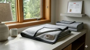 A photorealistic 4K photograph capturing a close-up of the premium waterproof blanket. The blanket is artfully folded, with its textured grey fabric and dark edges clearly visible, adjacent to the bedside lamp. Attached to this corner is a premium metal and leather Canadian certification tag, featuring a prominent 'Made in Canada' maple leaf logo and a 'Premium Quality Assurance' stamp.