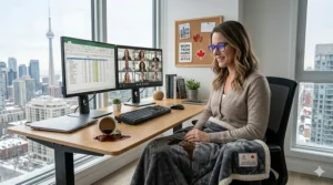 A professional working from a home office in Toronto, safely using a stain-resistant microfiber blanket despite a coffee cup nearby.