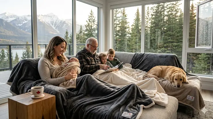 A family cozying up under soft, stain-resistant microfiber blankets in a Canadian home with a snowy winter landscape in the background.