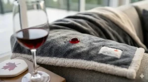 Red wine beading on the surface of a stain-resistant microfiber blanket, showing liquid-repellent technology.