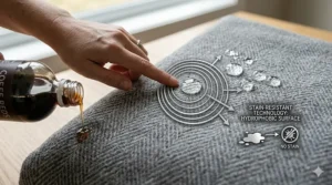 A photorealistic 4K graphic showing water and liquid beading on the surface of a grey herringbone low maintenance blanket, with labels 'STAIN-RESISTANT TECHNOLOGY' and 'HYDROPHOBIC SURFACE'.