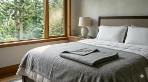 A 4K photorealistic photograph of a minimalist, modern bedroom, focusing on a queen-sized bed. The clean, grey waterproof blanket is folded neatly and laid as a decorative throw across the foot of the bed.