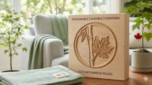 Minimalist illustration of a bamboo stalk and leaf representing sustainable cooling bamboo blend throws.