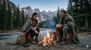 An illustration of hikers using a durable sustainable blend blanket by a campfire in Banff, Alberta.