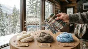 Close-up illustration of recycled cotton and wool fibers used in our sustainable blend blankets.