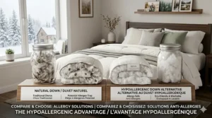 Illustration of recycled polyester fibers used in eco-friendly hypoallergenic down alternative blankets in Canada.